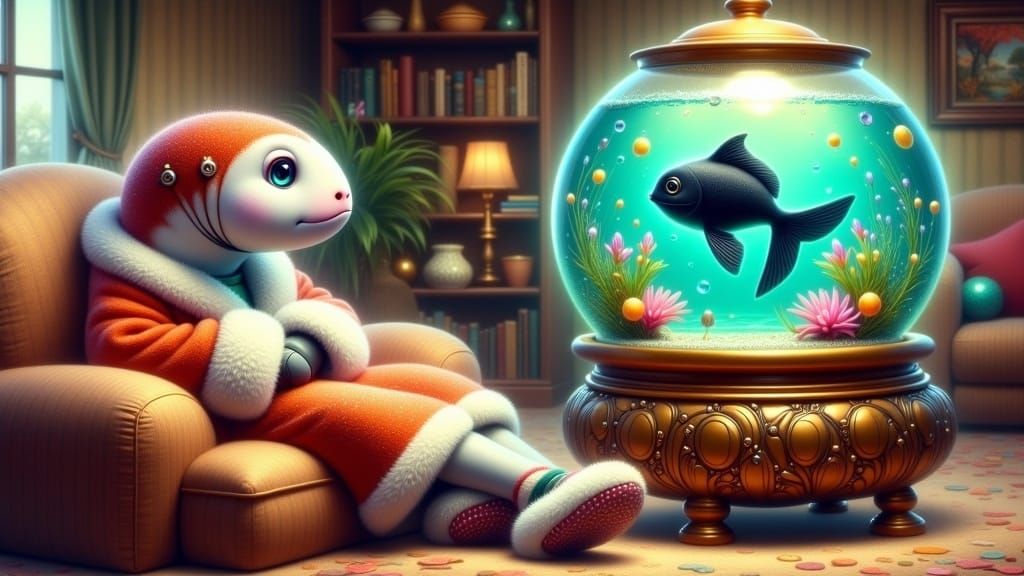 Fish in Cozy Living Room Watches TV with Happy Tuxedo Cat