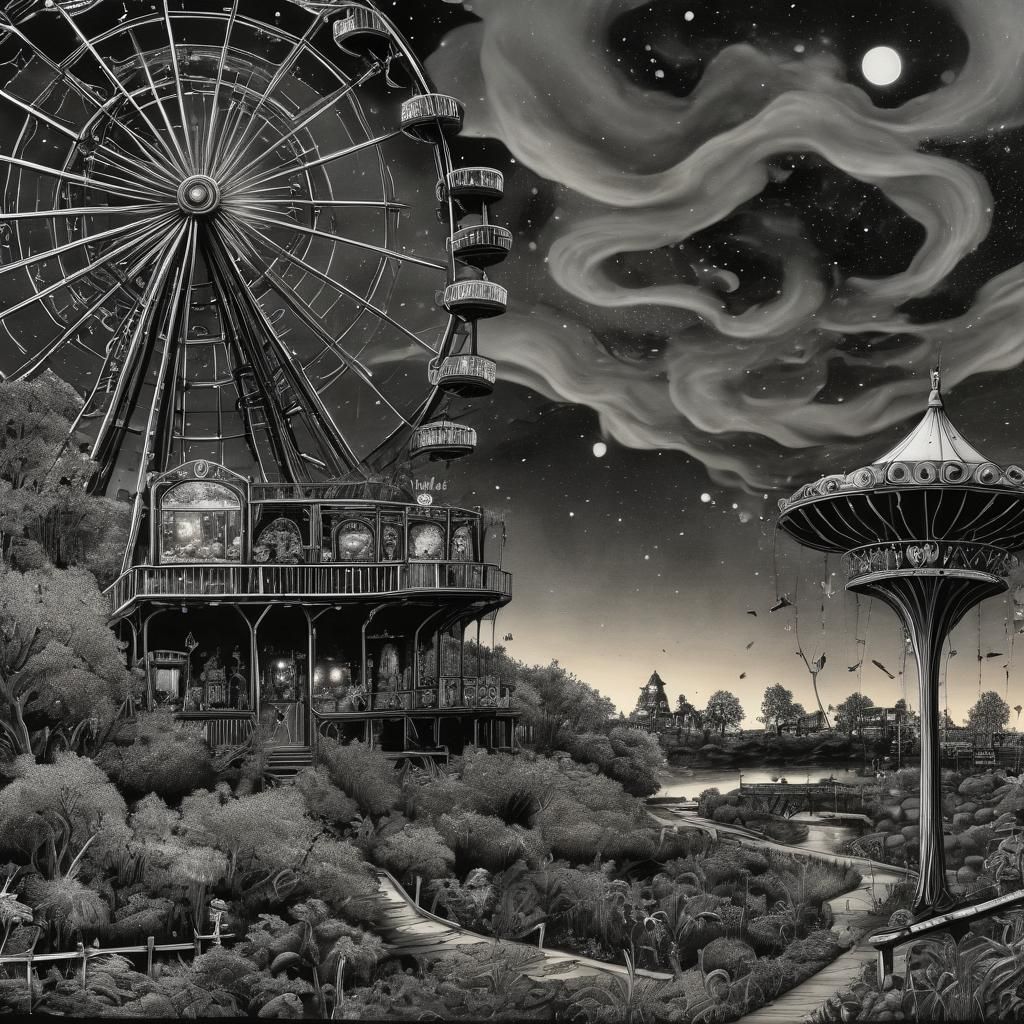 Whimsical Amusement Park Scene in Vibrant Pointillism