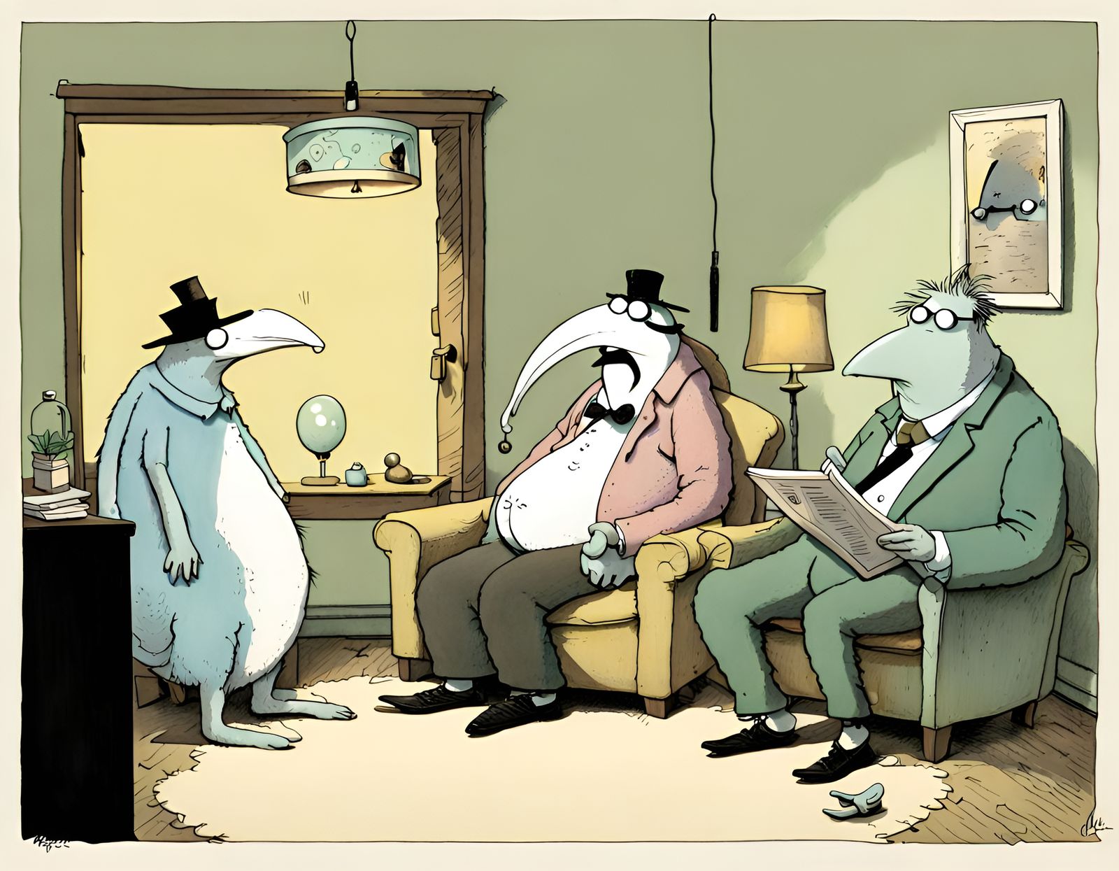 Bizarre Characters in a Whimsical Comic Strip Scene