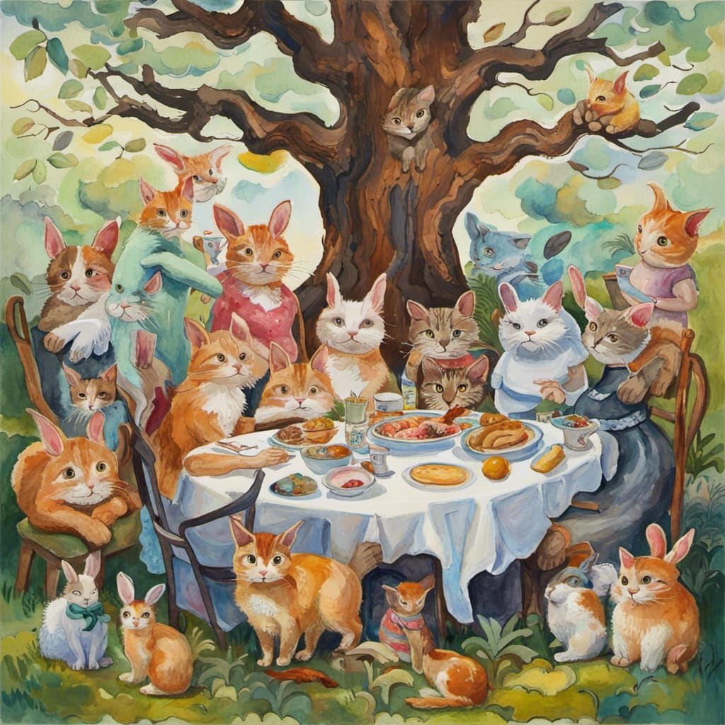 Vibrant Family Gathering with Whimsical Creatures in Impress...