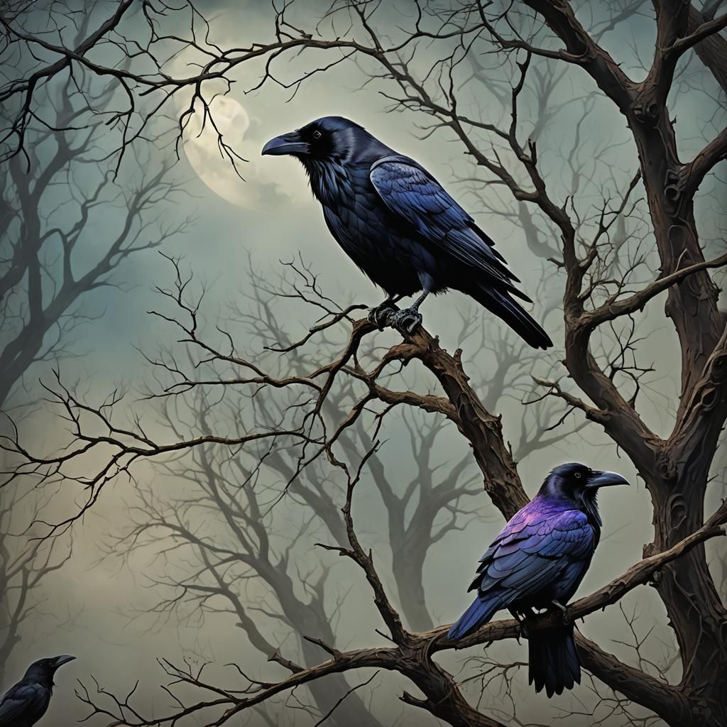 Glossy Raven Perched on a Gnarled Branch