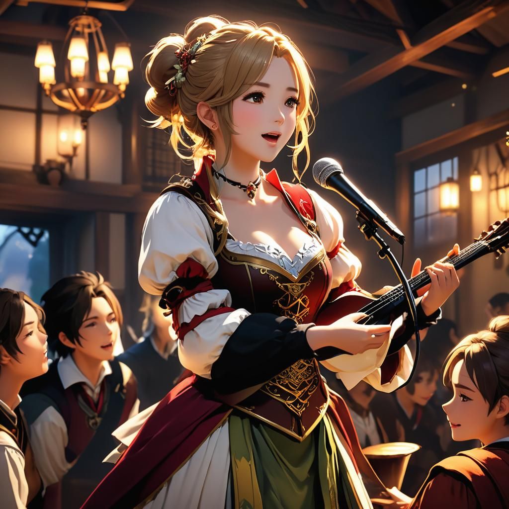 Enchanting Anime Bard Charms Inn Crowd