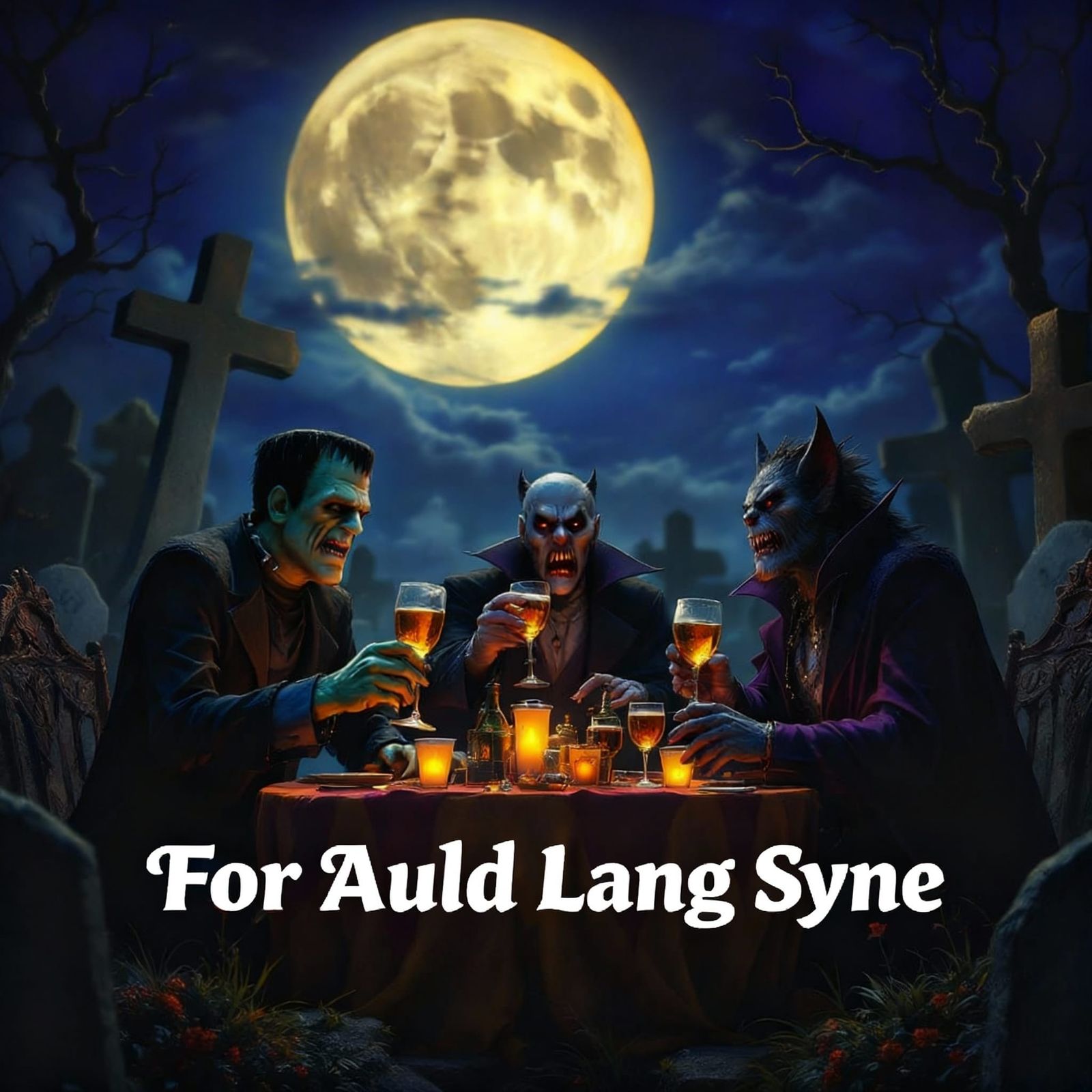 Monsters Toasting in Graveyard, Detailed Matte Painting