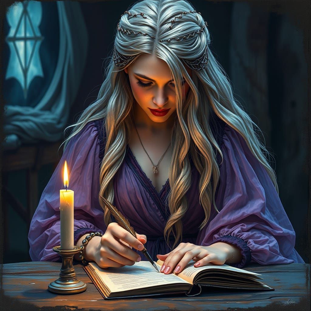 Norse Goddess Writing by Candlelight in Encaustic Wax Style
