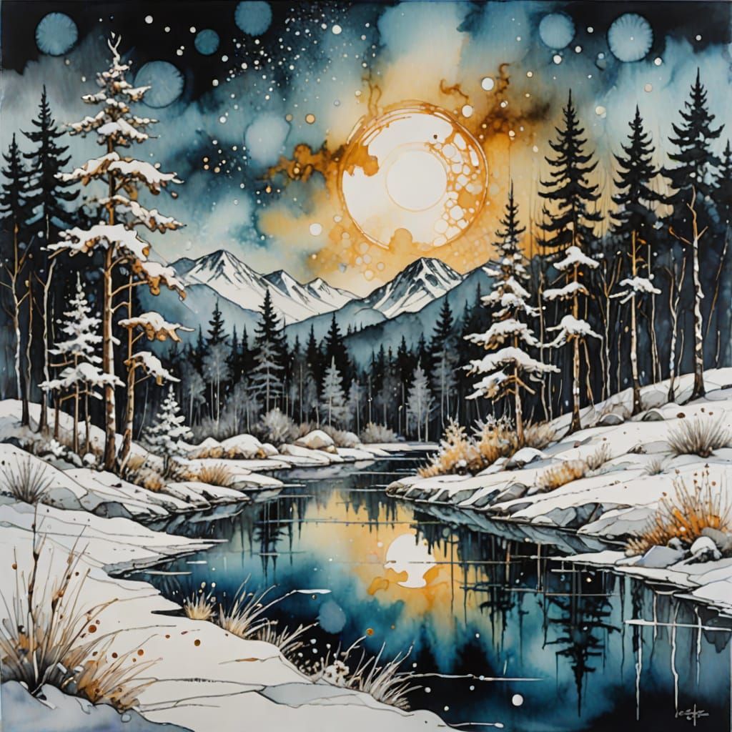 Moody Winter Landscape in Mixed Media