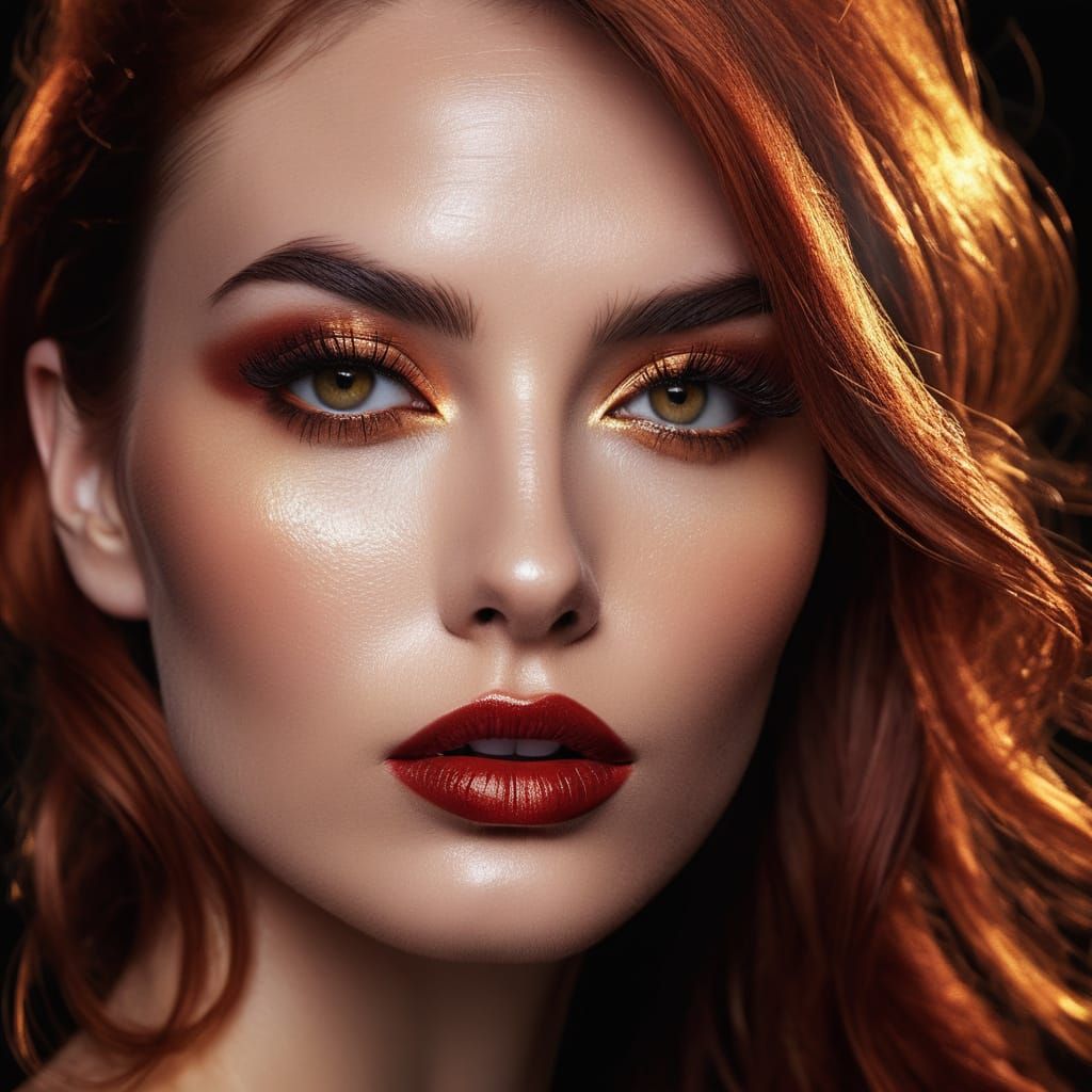 Hyper-Realistic Portrait of a Woman with Amber Eyes and Dram...