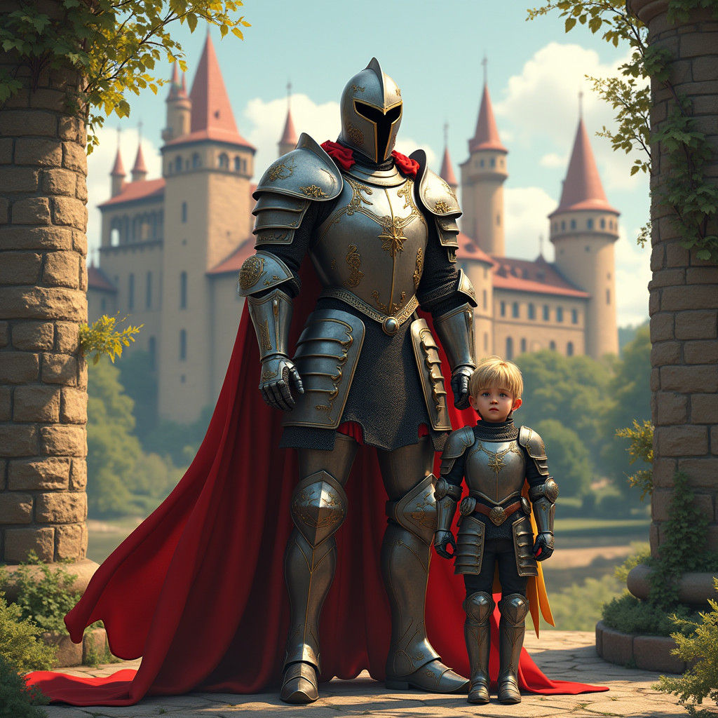 Majestic Knight and Blond Boy Stand Proud in Front of Heidel...