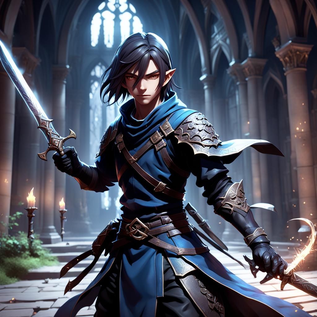 Surreal Half-Elf Thief Wields Twin Magic Swords
