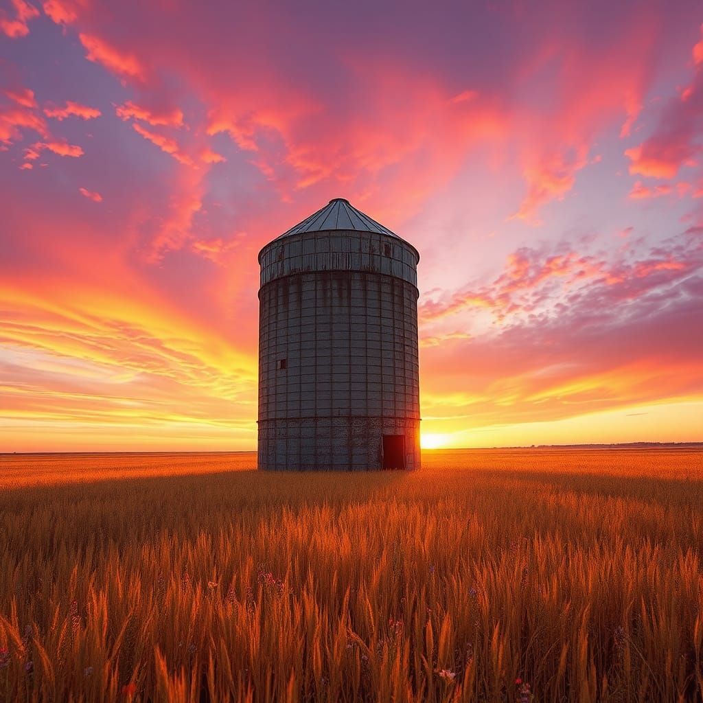 Rusty Grain Silo in Vibrant Kansas Landscape