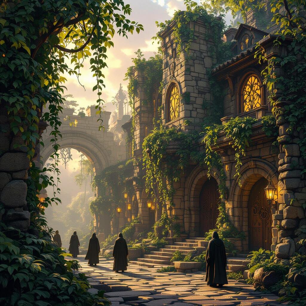 Fantasy Colony Walls with Emerald Vines and Golden Light