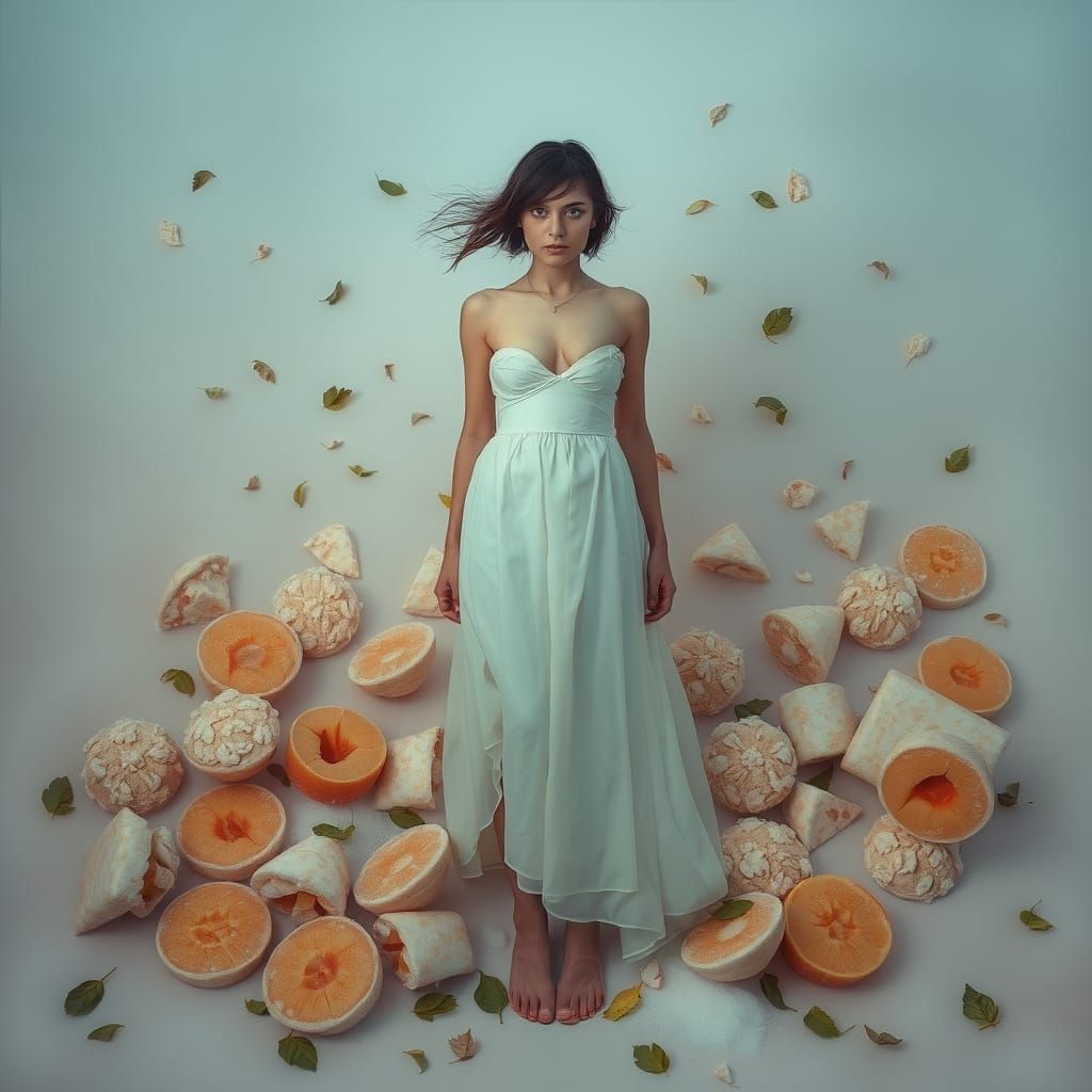 Melancholic Woman with Peach Treats in Dreamy Surreal Scene