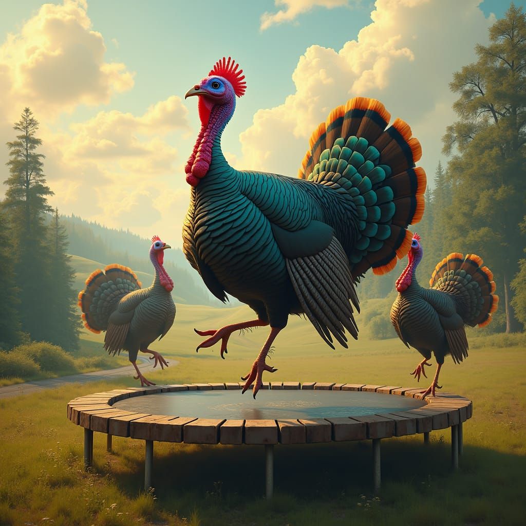 Turkeys Leaping in Vibrant, Whimsical Landscapes