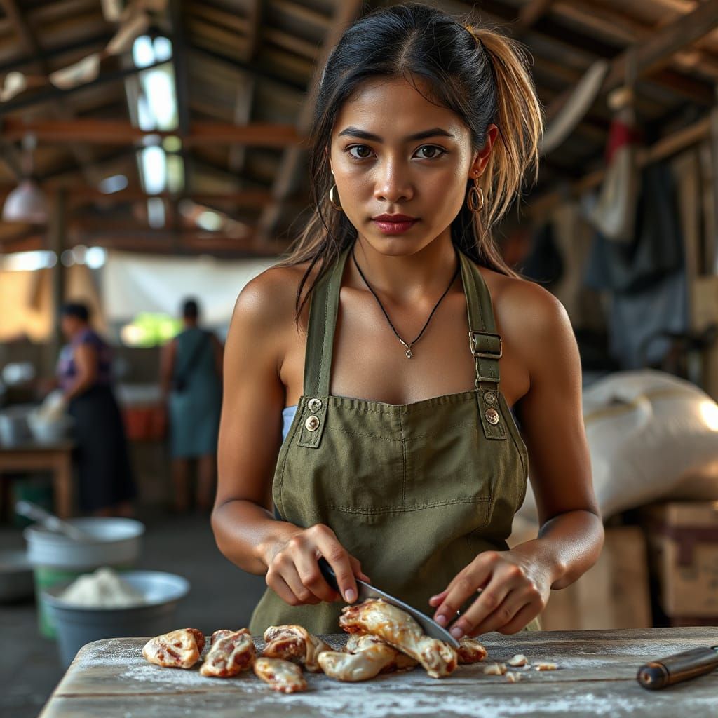 Latina Woman Prepares Chicken: Photo-Realistic Market Scene
