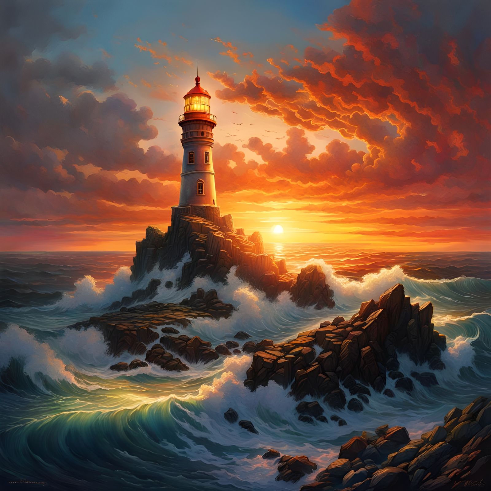 Surreal Hyperrealistic Lighthouse Illuminated by Vibrant Sun...