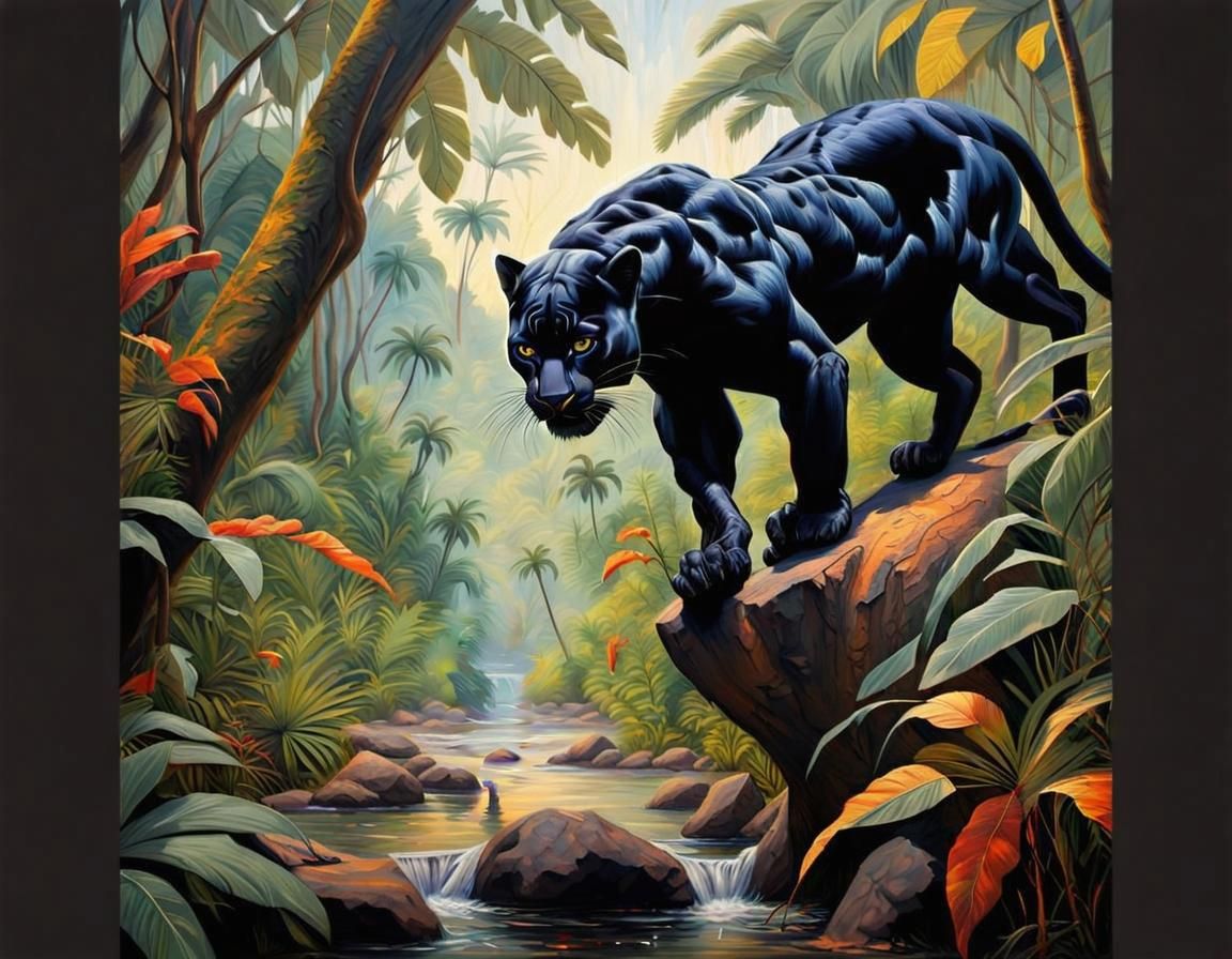 African Black Panther Roams the Jungle in a Vibrant Oil Pain...