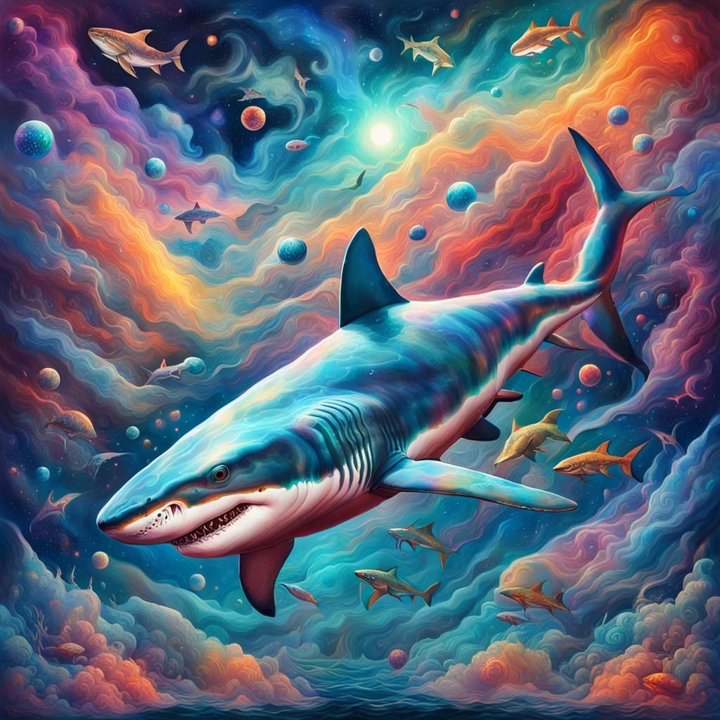 Mystical Realism Shark in Iridescent Cosmic Environment