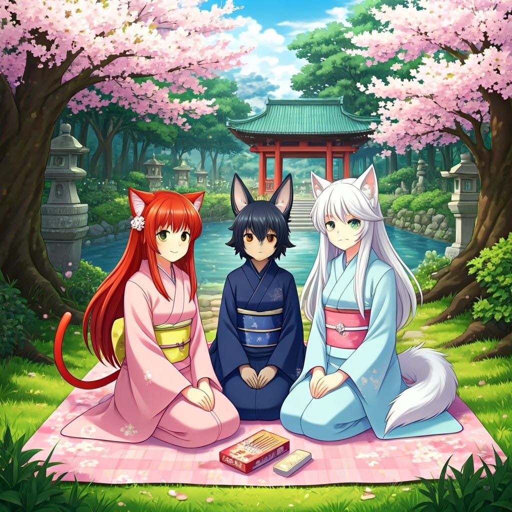 Wolfie, Akane and Moon celebrating Hanami in Japan