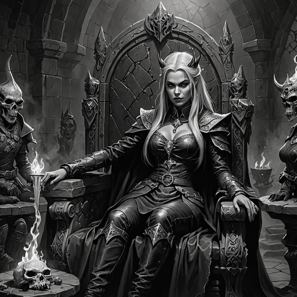 Surreal Fantasy Witch Queen Seated on a Boneskull Throne in....