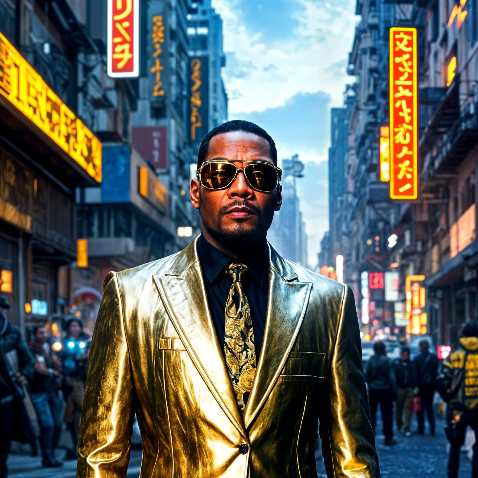 Confident Private Detective in Futuristic Platinum and Gold...