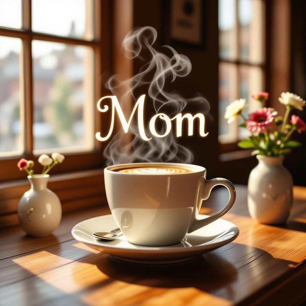 Steaming Coffee Cup Forms 'Mom' in Warm Sunlight