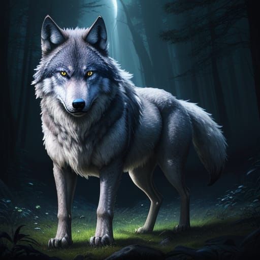 Majestic Wolf in Mystical Forest Dark Fantasy Art