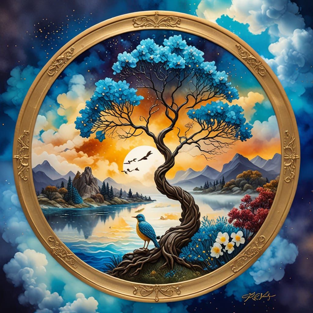 Circular Floral Design with Bird in Gold Frame