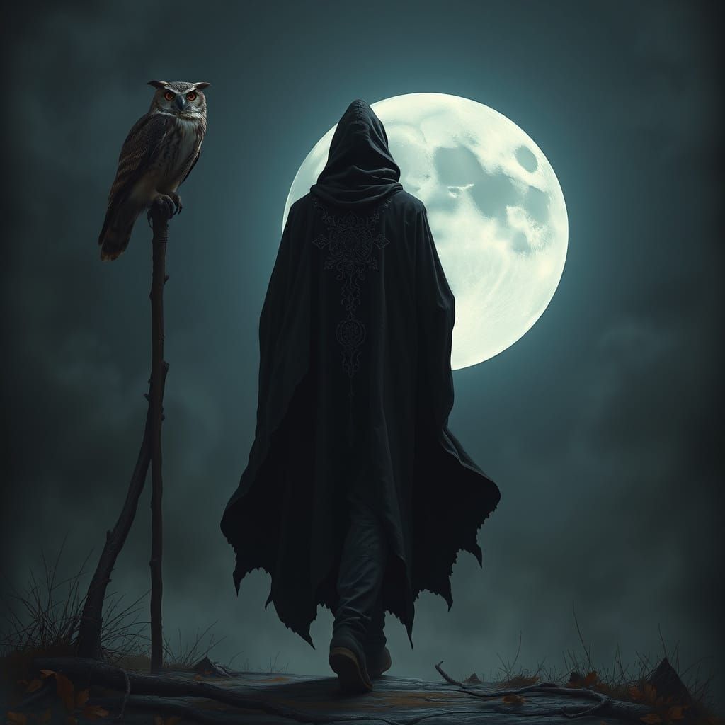 Mysterious Figure Walks Towards the Full Moon with a Majesti...