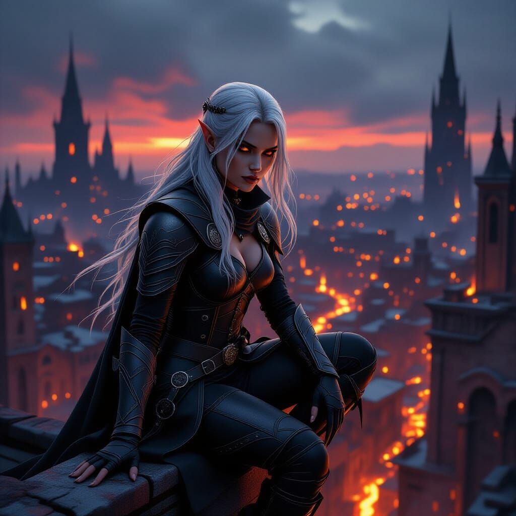 Elven Assassin Overlooking Brimstone City in Hyperrealistic ...