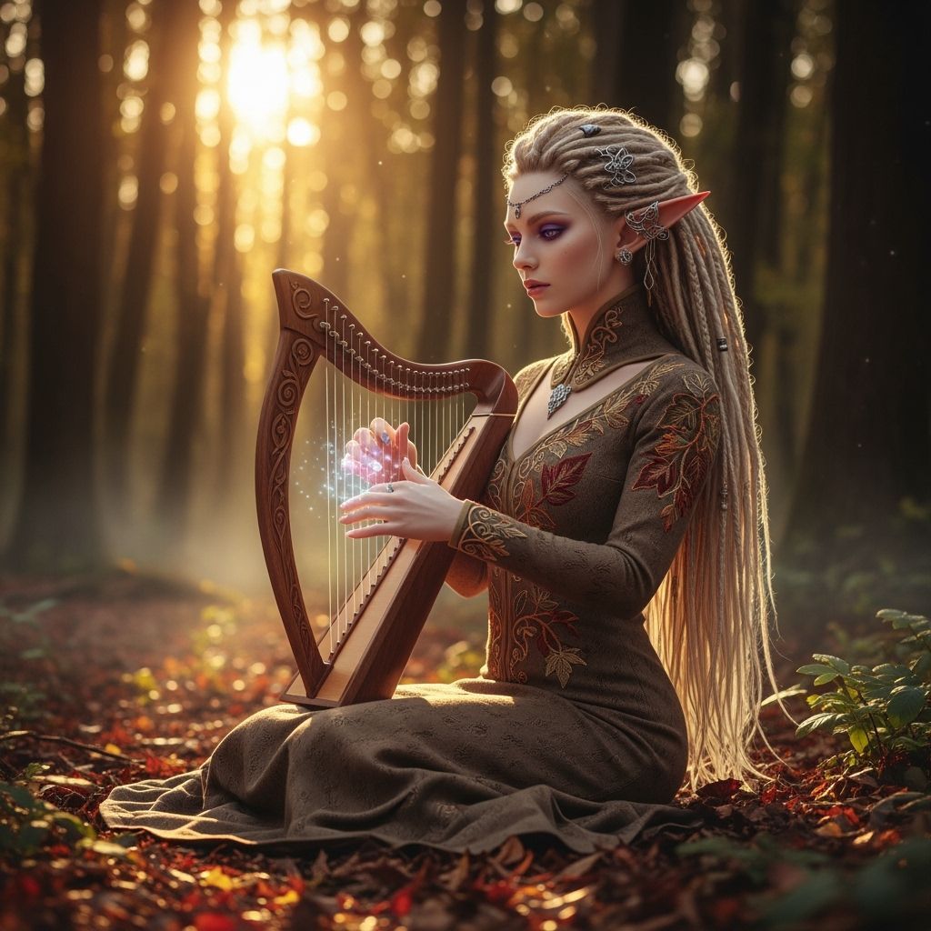 Elf Musician Playing Harp in Enchanted Forest at Sunset
