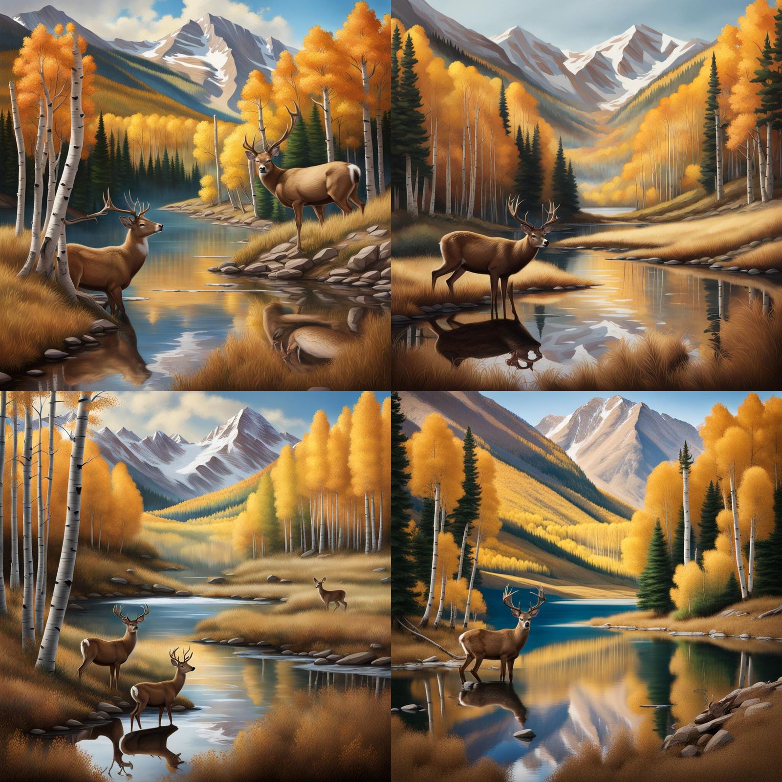 Serene Mountainscape with Aspen and Deer in Reflection