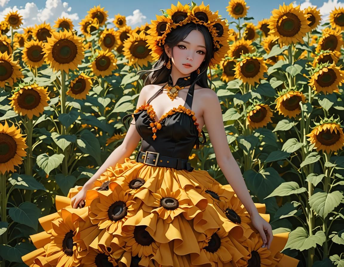 Sunflowers in a Vibrant Flamenco Dress, Rendered in Intricat...
