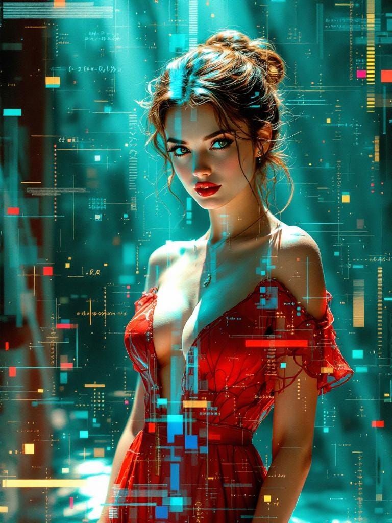 1950s Pin-Up Glitch Art with Digital Overlays