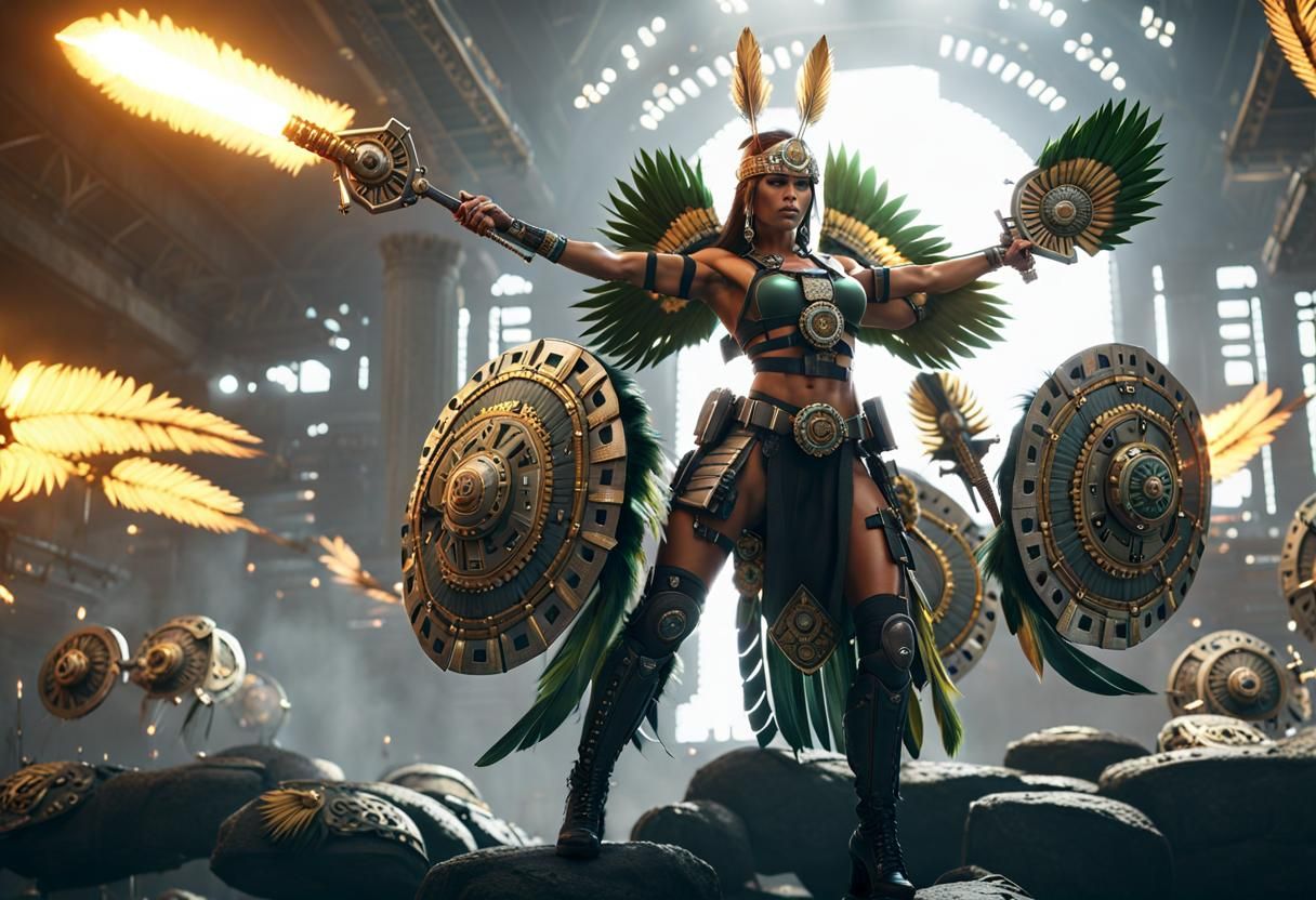 Elegant Aetherpunk Goddess Wears Aztec Armor in Hyperrealist...