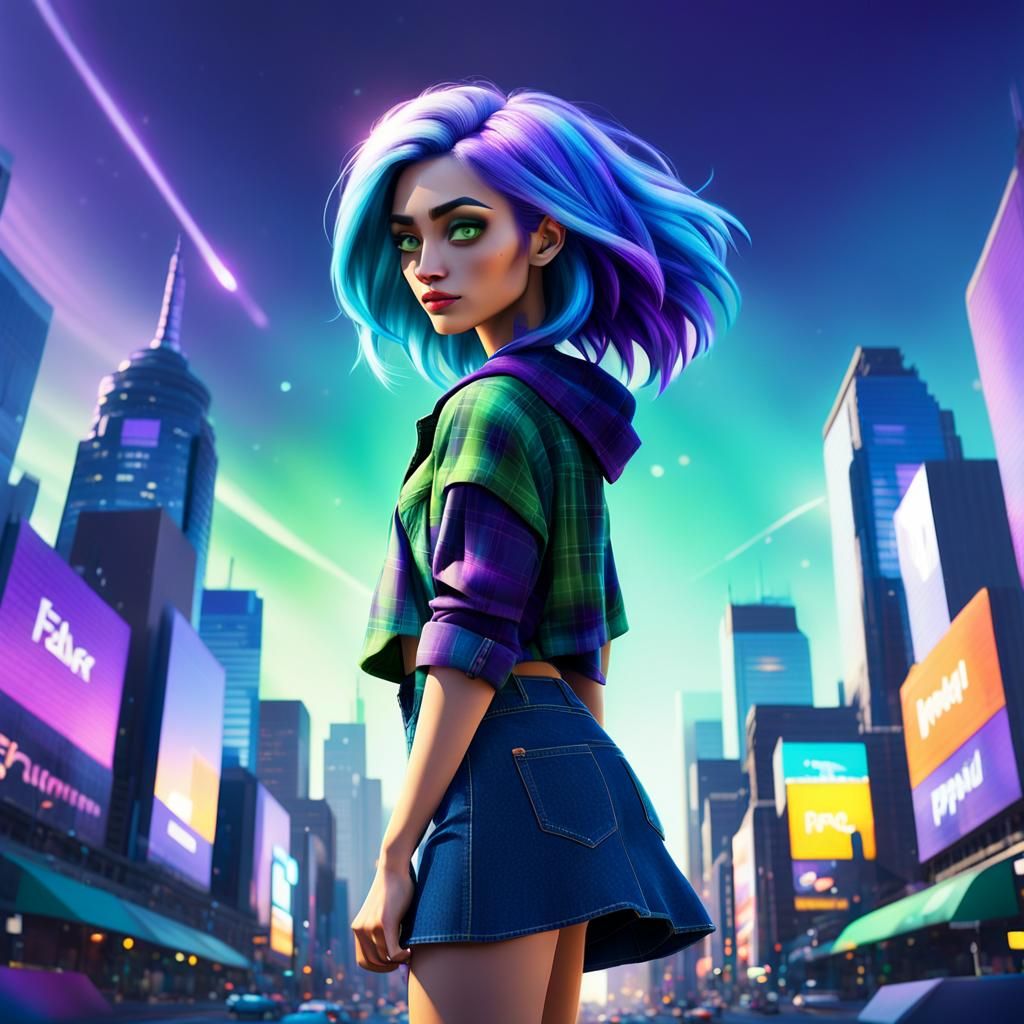 Pixar-Inspired Digital Art: Vibrant Cityscape with Blue-Hair...