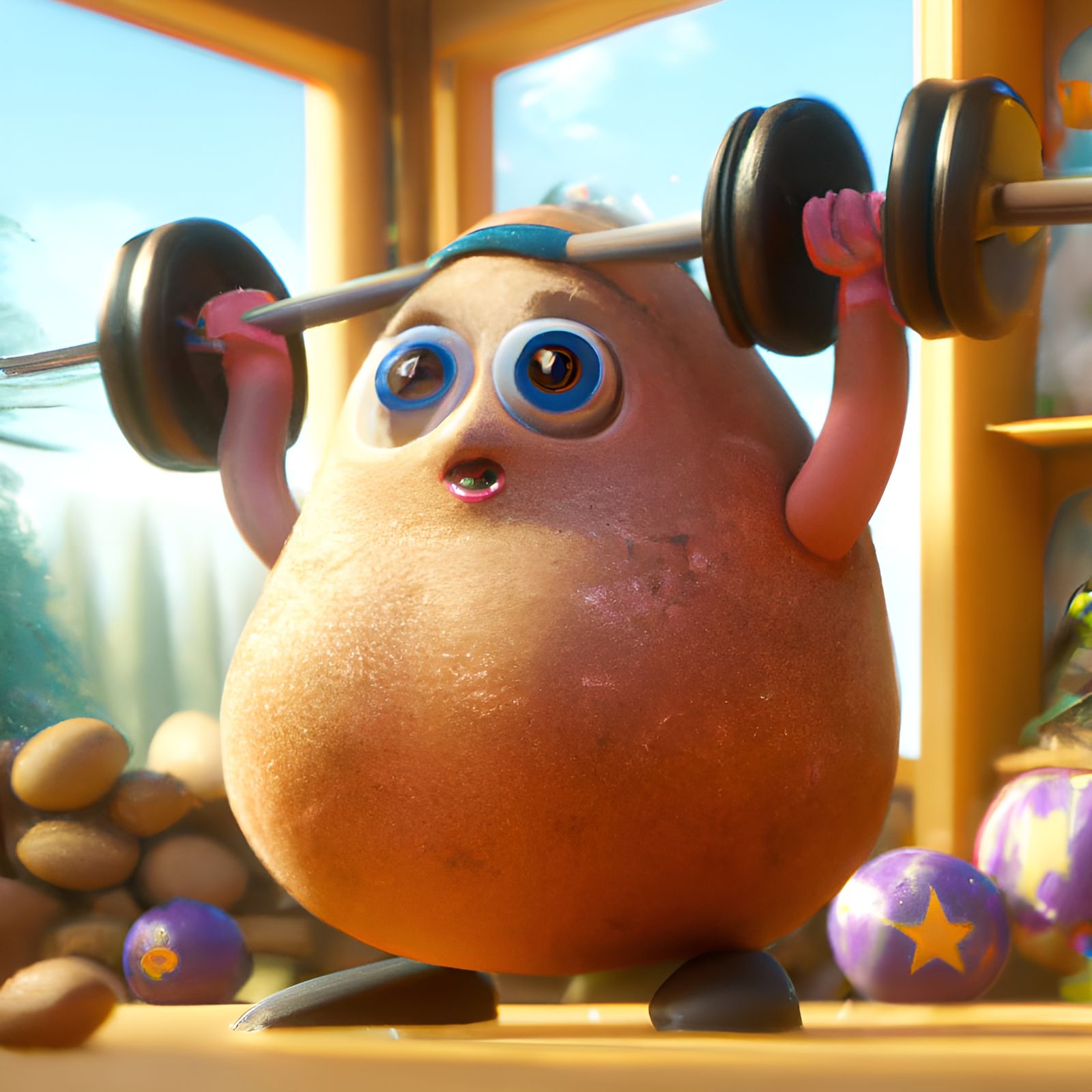 Chiseled Potatato Lifting Weights in a Sunny Gym