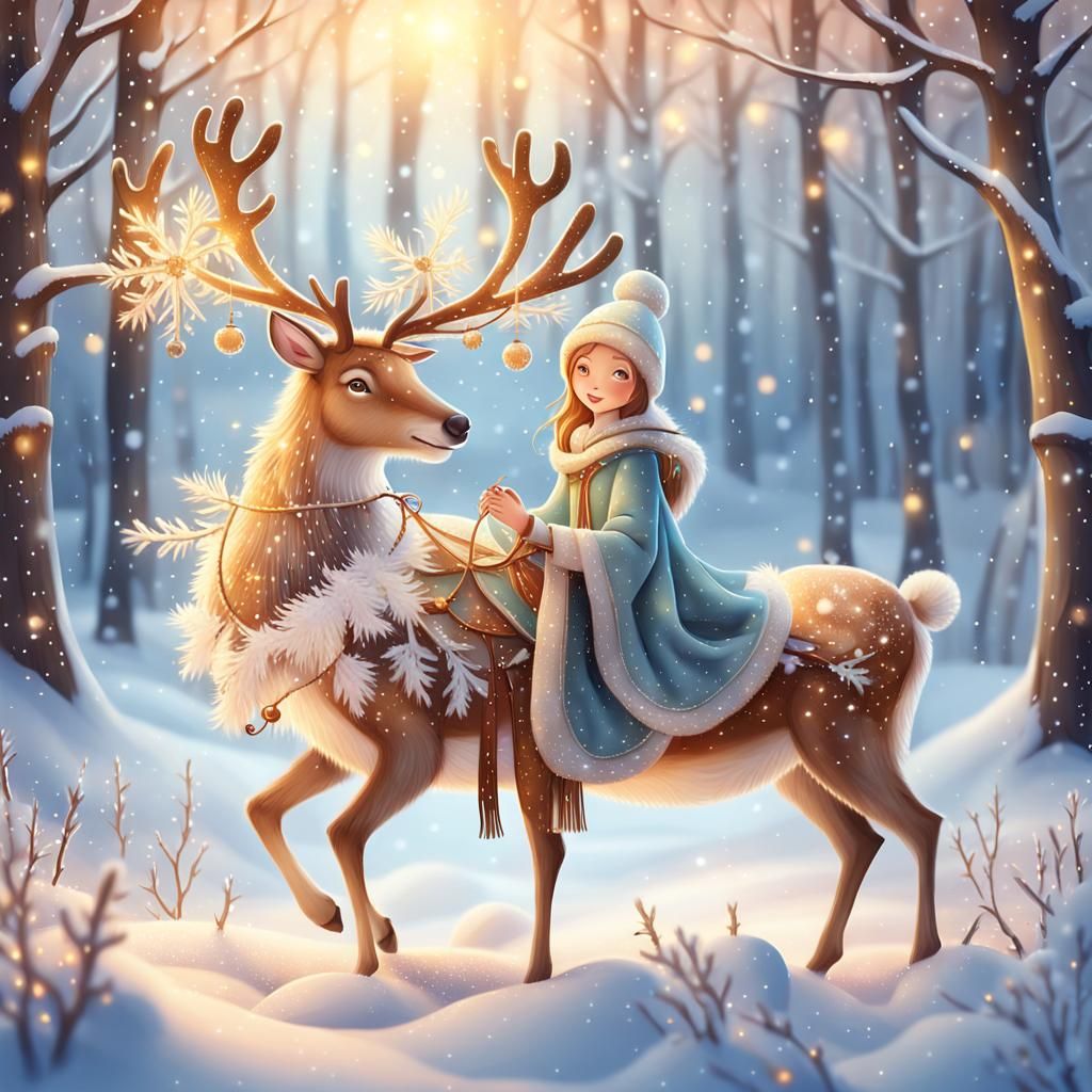 Whimsical Christmas Fairy Rides on Reindeer in Snowy Forest