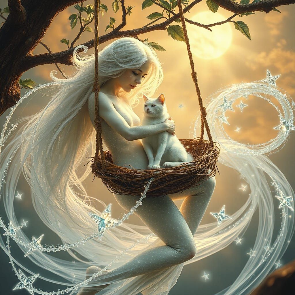 Ethereal Woman with Cat in Starry Nest