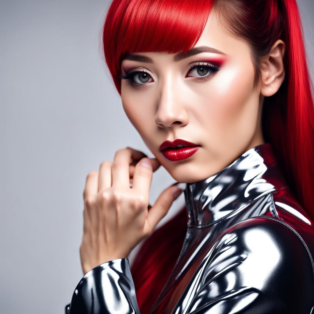 Glamorous Asian Woman in Punk Style Leather Catsuit