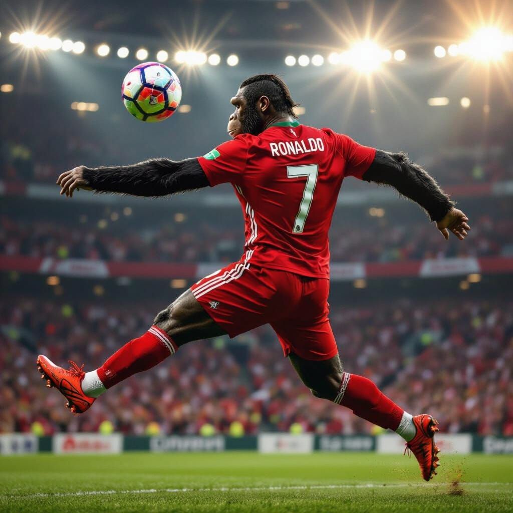 Chimpanzee Athlete Scores Bicycle Kick in Stadium