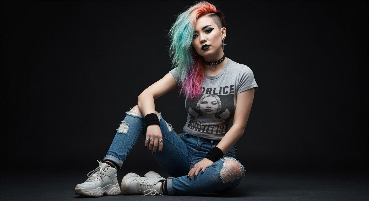 Punk Girl with Asymmetrical Hair in Skate-Punk Style