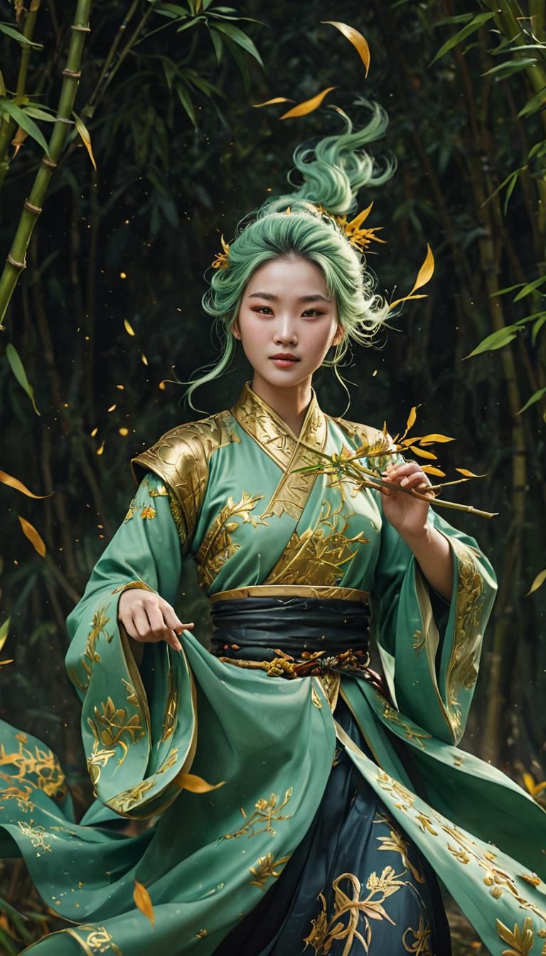 Ethereal Cultivator Amidst Whirling Vines and Bamboo