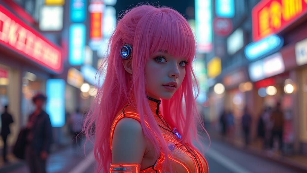 Neon Tokyo: Pink-Haired Girl in Cyberpunk Anime Style