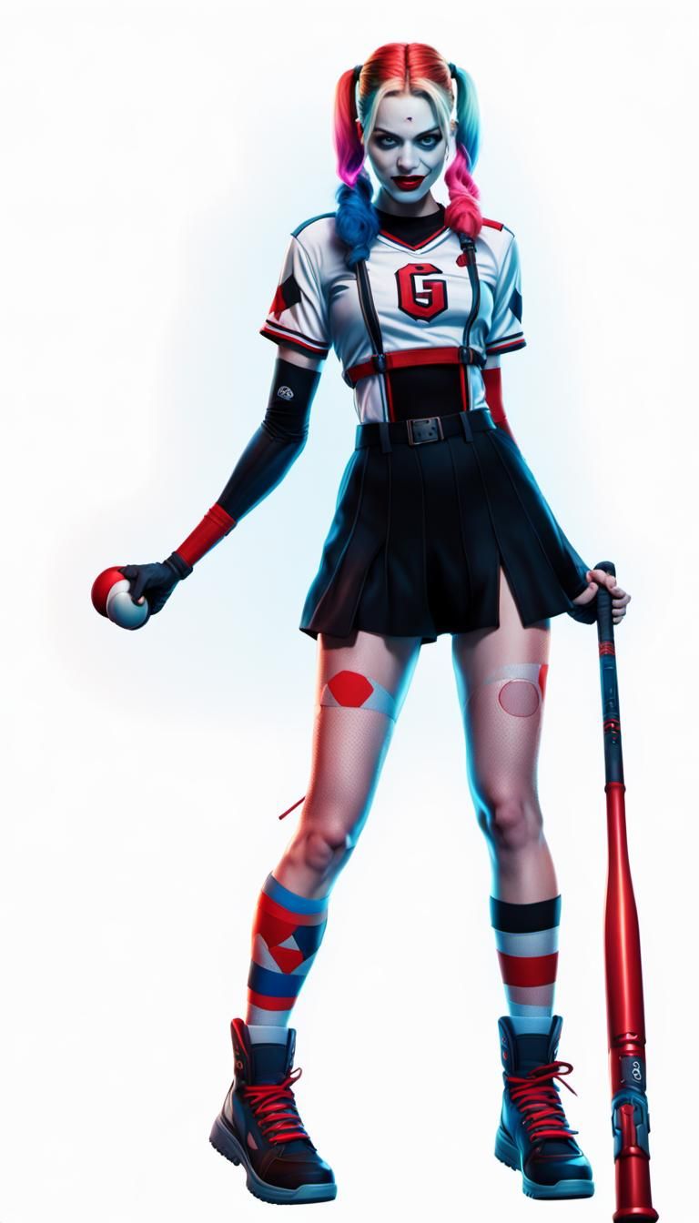 Comic Book Art Harley Quinn Holding Baseball Bat in Neon Col...