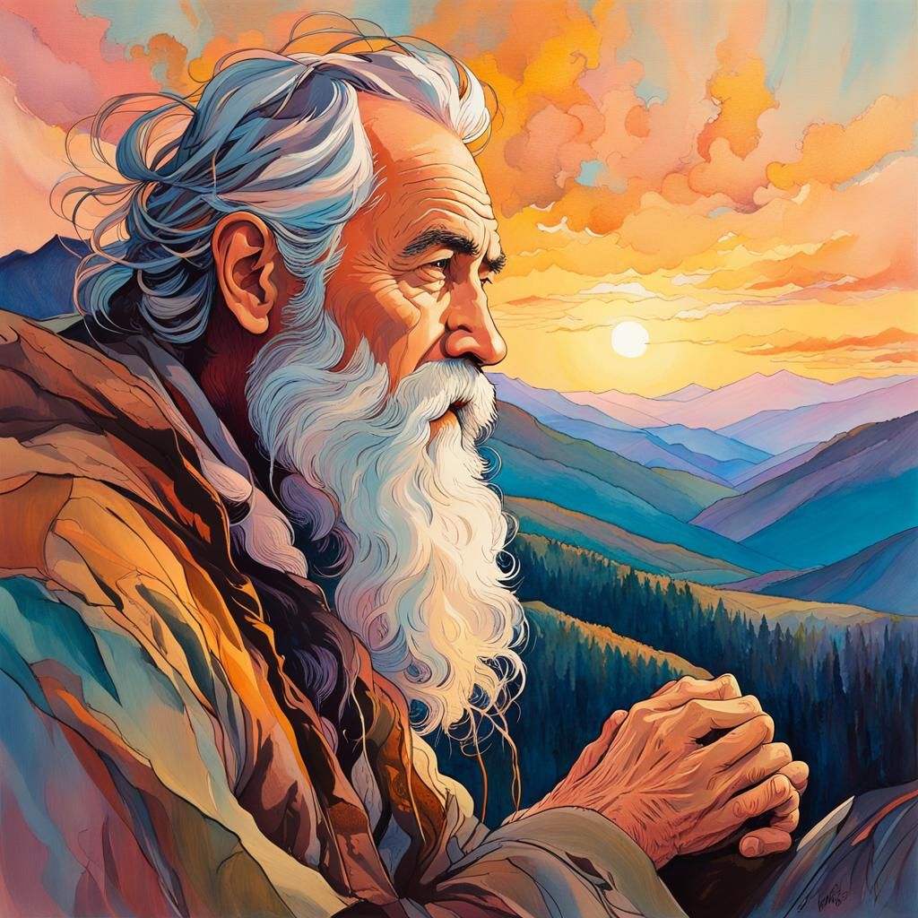 Mystical Mountain Sage in Whimsical Illustration