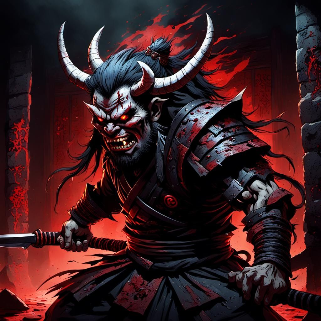 Dark Fantasy Oni in a Dimly Lit, Blood-Splattered Lair