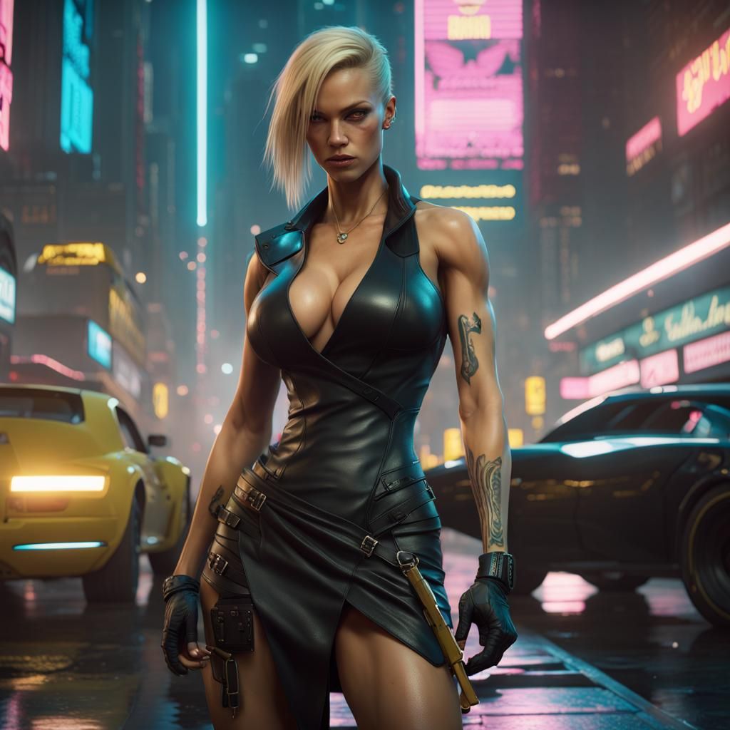 Cyberpunk Female Corpo in Vibrant Purple and Yellow Hues