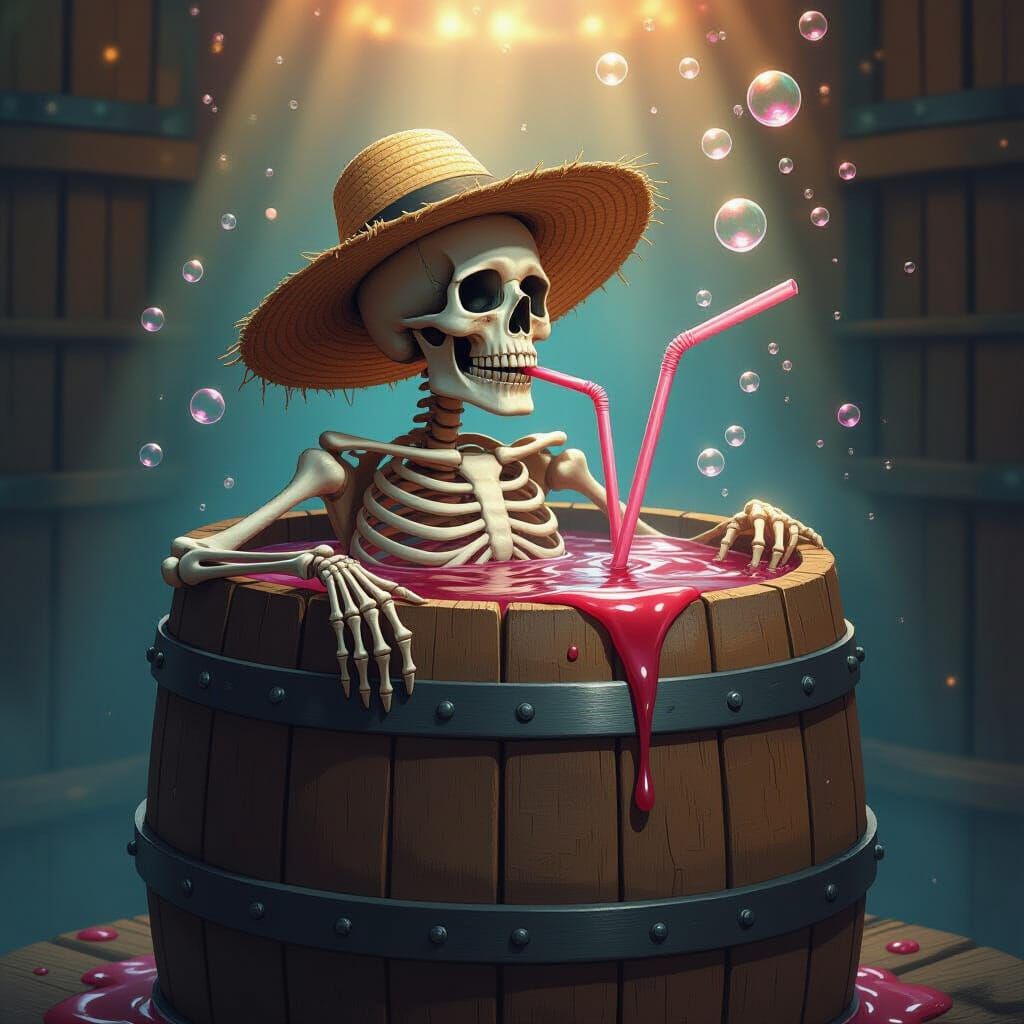 Skeleton Enjoys Gigantic Soda Overflowing Barrel