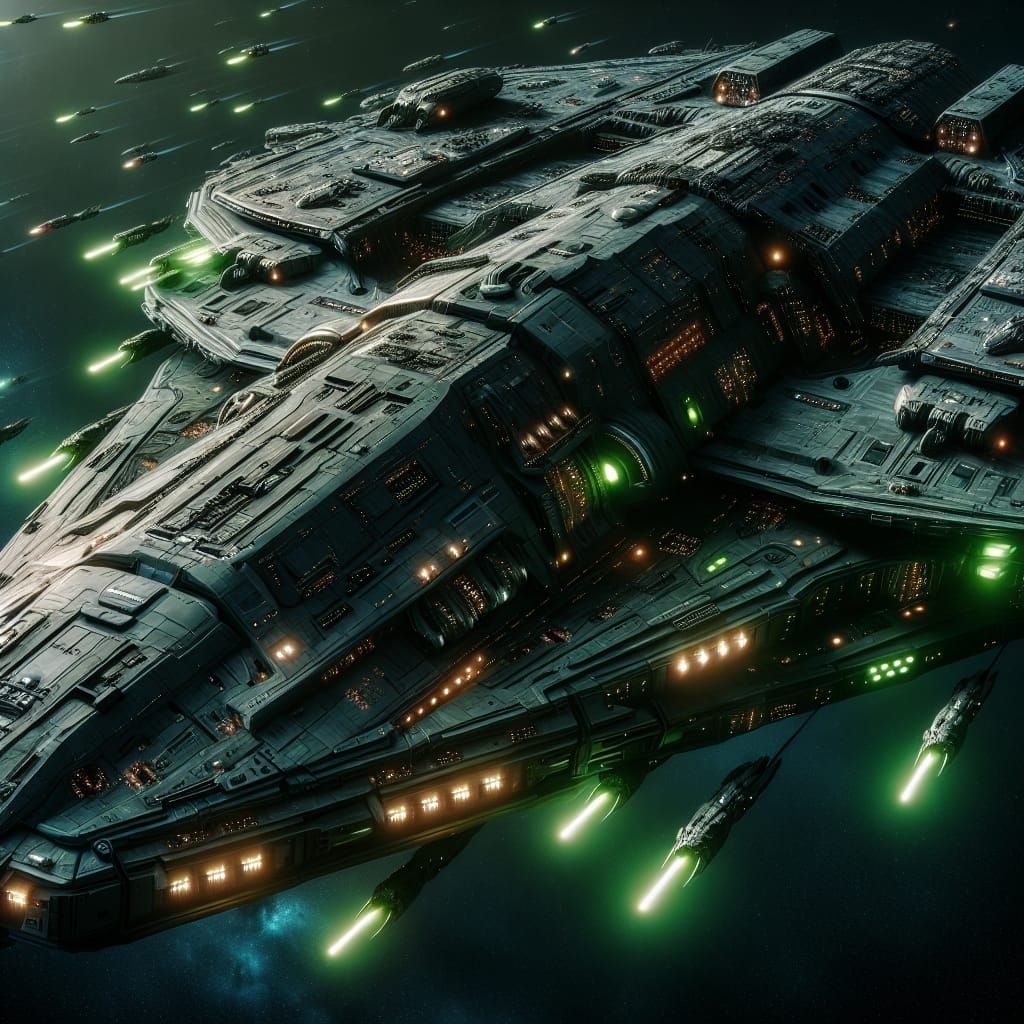 Gigantic Dark Green Capital Spaceship Rules Deep Space