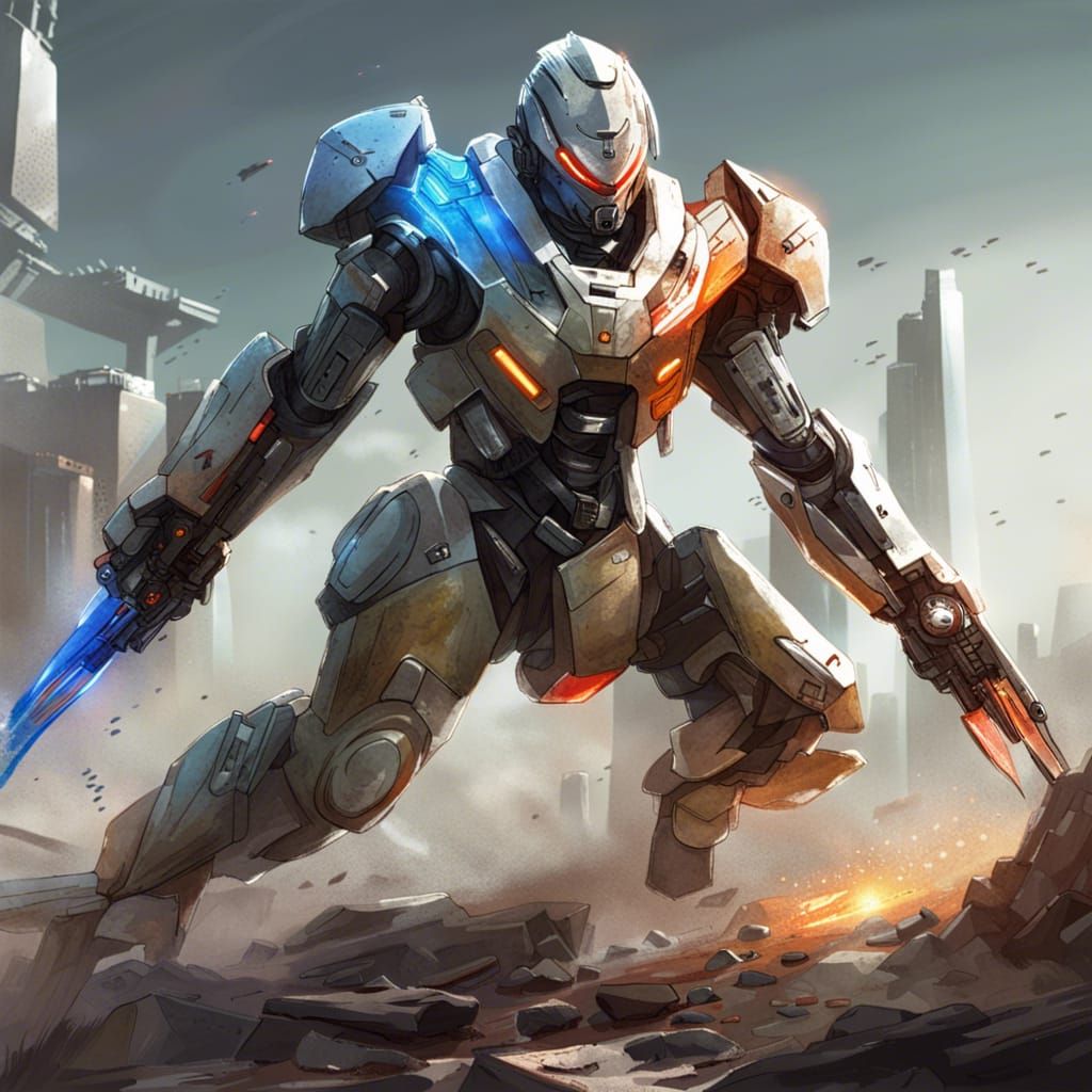 Cyborg Warrior in Futuristic Armor with Korean Colors