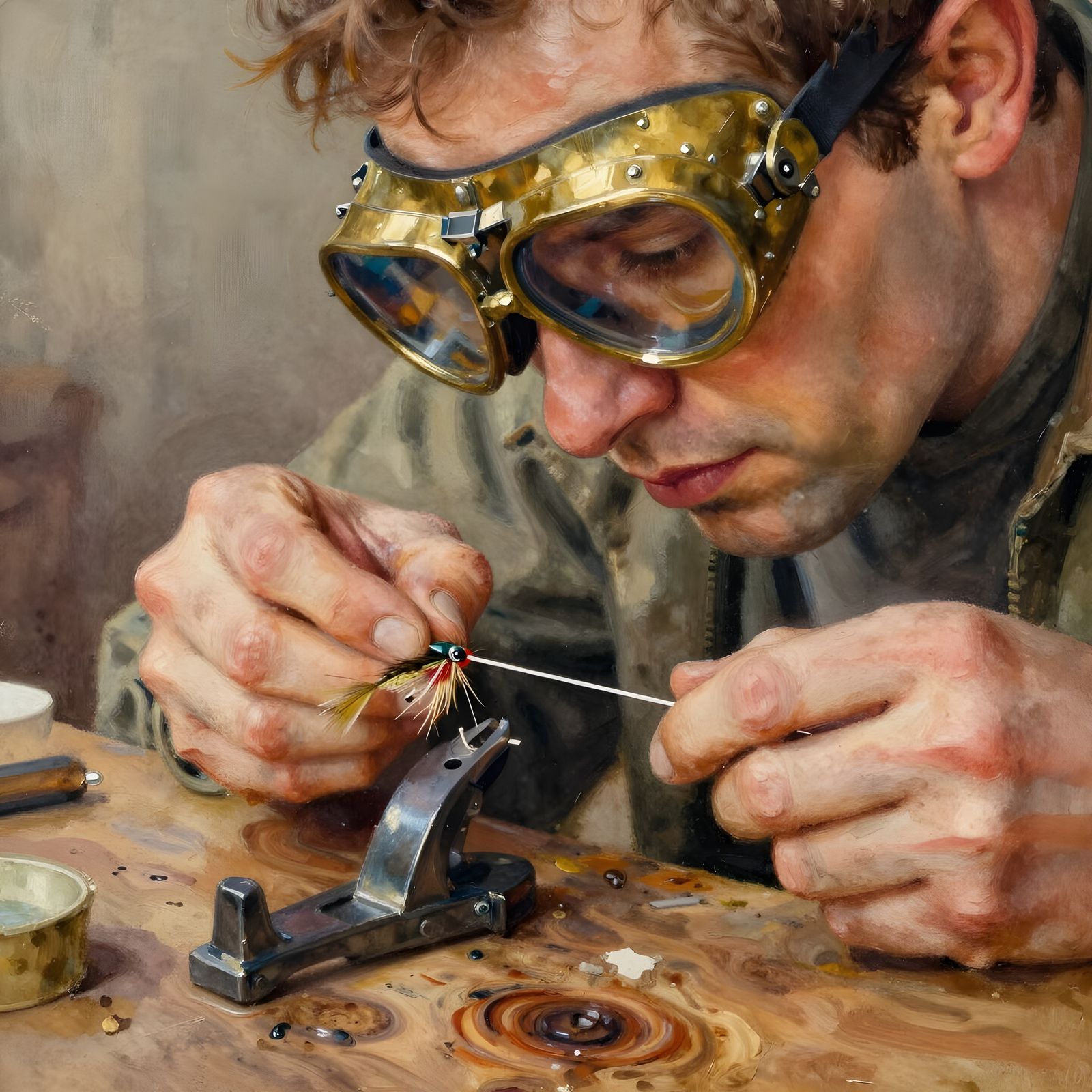 Man Crafting Fly Fishing Lure in Gouache Style